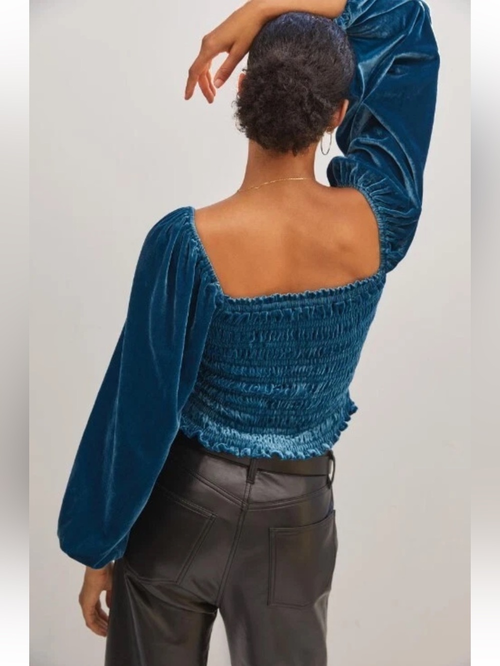 Anthropologie Teal Velvet Smocked Square-Neck Crop Top XL - Picture 3 of 6